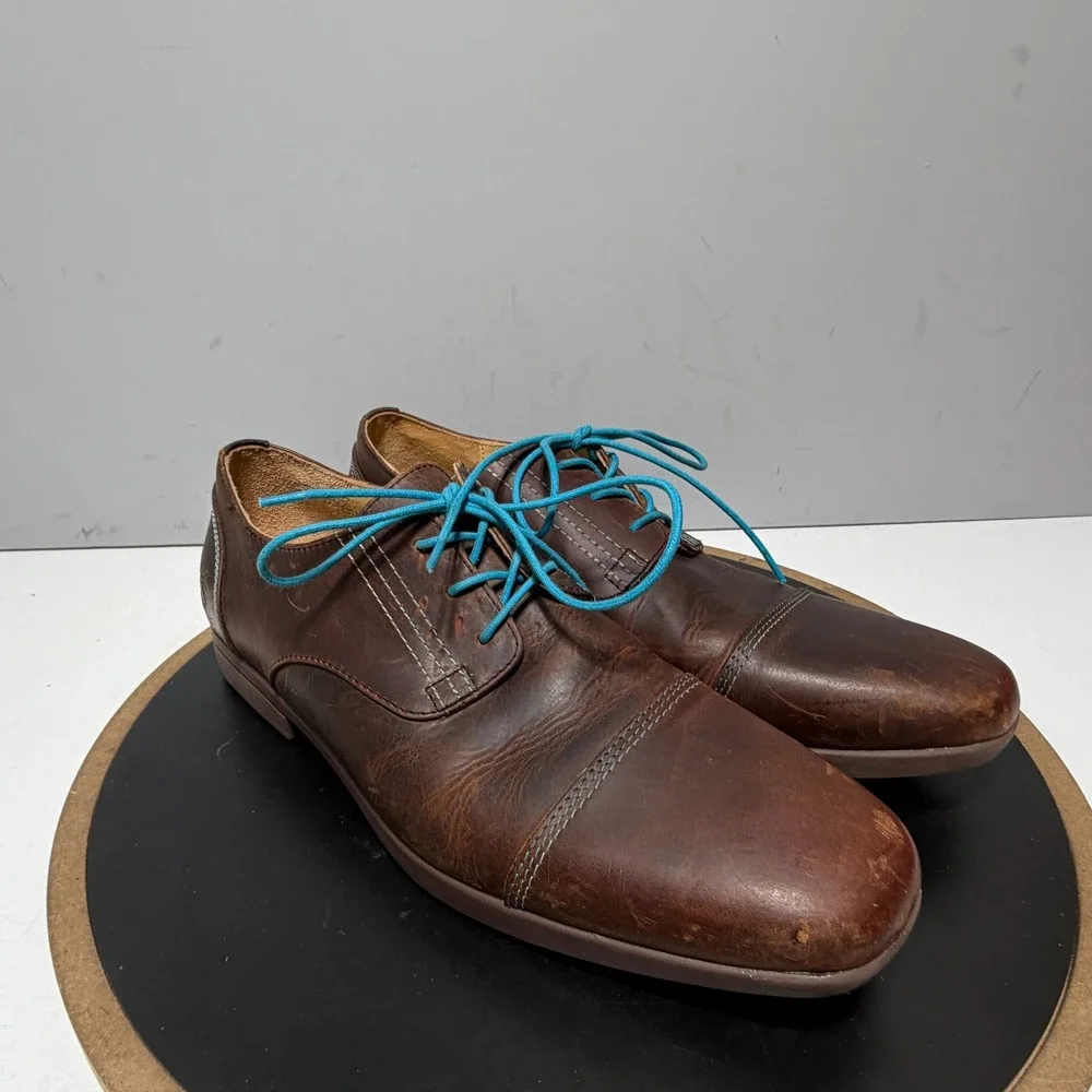 John Fluevog Cap‎ Toe Oxford Men Size 11 Leather Lace Up Brown Blue Minimalist